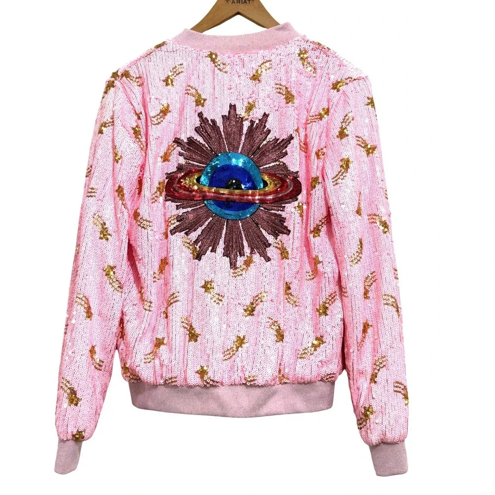 Lola + The Boys Pink Sequin Galaxy Star Bomber Celestial Size Medium Festival - Picture 2 of 5